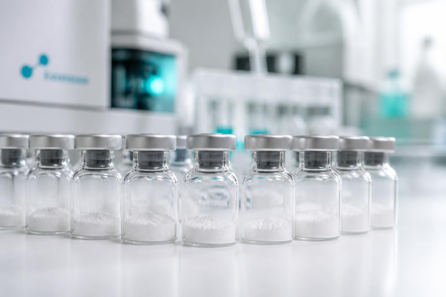 Laboratory vials containing lyophilized research material in a clean research environment